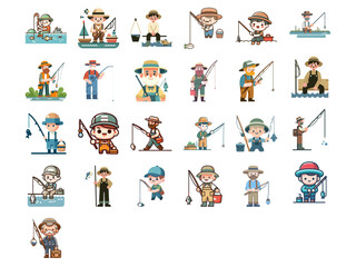 Naklejka premium fisherman flat design illustration set