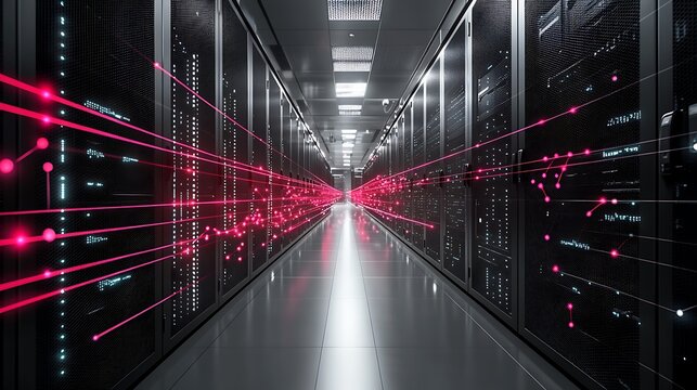 Illuminated server room aisle with glowing red data streams representing digital information flow and technology infrastructure - Powered by Adobe