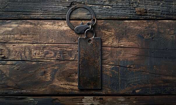 Rustic Brown Metal Keychain on Wooden Background 