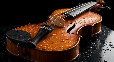 Obraz premium Vibrant brown violin with sparkling water beads, showcasing its intricate details on a dark, wet surface.