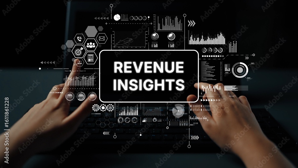 Poster hands on laptop with data visualization and revenue insights illustration for digital business analy