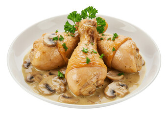 Fototapeta premium Delicious chicken drumsticks with mushroom sauce and parsley garnish isolated on transparent background