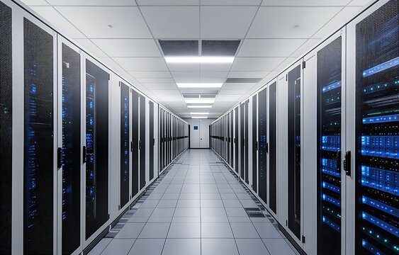 Illuminated hallway lined with rows of modern server racks filled with blinking lights and networking equipment in a data center