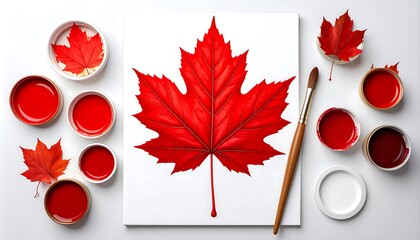A vibrant red maple leaf painting, surrounded by paint pots