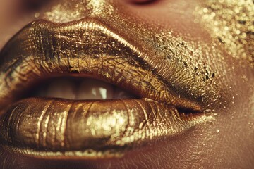 Close up of golden lips, highlighting the metallic texture and glitter, evoking luxury and beauty