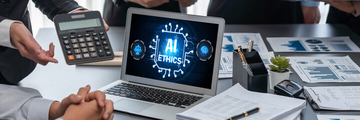 AI ethics responsibility standard law and rules on computer screen provide report of AI ethic...