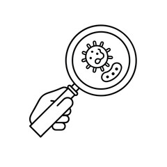 Black and White Line Art of Hand Holding Magnifying Glass with Microorganisms – Microbiology Concept Illustration