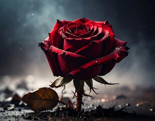 A vibrant red rose in dark, smoky surroundings