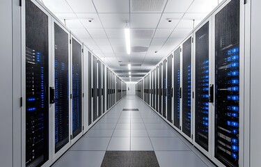 Illuminated aisle of a modern data center with rows of server racks filled with blinking lights and technology infrastructure