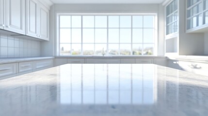 Obraz premium White kitchen interior with large window, sunlight reflecting on countertop