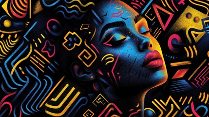 Obraz premium Close-up vibrant digital art of a woman's face, overlaid with bold graphic patterns