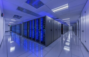 Modern data center hallway with rows of illuminated server racks glowing with vibrant blue lights and reflections on the polished floor