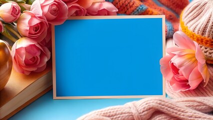 Blank blue frame surrounded by roses, knitted accessories, and soft textures. Ideal for greeting cards, seasonal designs, or lifestyle content with copy space.