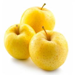 Three whole yellow apples with stems are sitting on a plain white background