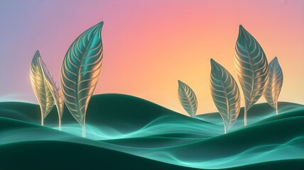 Close-up view of a green leaf on the green hills,leaf in the sky,landscape with green field and gradient pink sky,sunset in the mountains,sunset over the mountains,palm trees in the sunset