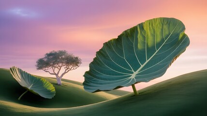 Close-up view of a green leaf on the green hills,leaf in the sky,landscape with green field and gradient pink sky,sunset in the mountains,sunset over the mountains,palm trees in the sunset