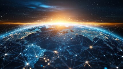 Global network interconnected Earth at sunrise