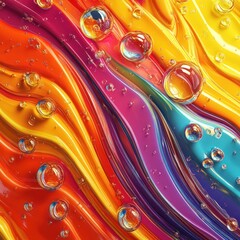 Abstract vibrant colors, flowing liquid,  and transparent spheres