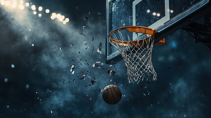 An outdoor basketball hoop with an orange ball ready for a game under the blue sky