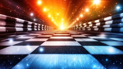 Checkered racing track tunnel, vibrant lights, speed effect
