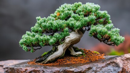 Detailed bonsai in a rock tray, wet from rain