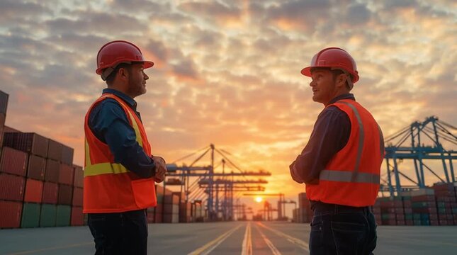 Engineers' Discussion at Sunrise: Two engineers, clad in protective gear, stand in profile, conversing against the backdrop of an industrial port at dawn, the sky ablaze with the colors of sunrise.