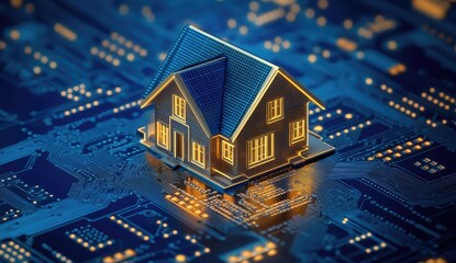 Obraz premium Explore a digital representation of a house model emphasizing the integration of technology in smart home construction for modern living.