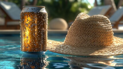 Cool beverage can in pool, straw hat nearby