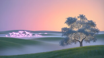 Land scaping view of sunrise over the green hill's,misty morning in the mountains,golf club view.lily of the valley,lily of the valley in the sun,landscape view with greenery,Land scaping view of sunr