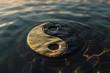 Golden yin and yang symbol floating on rippling water surface reflecting warm sunset light, representing balance and harmony