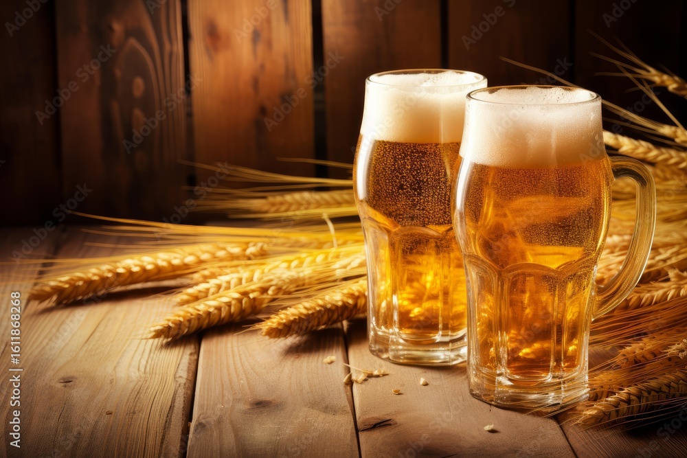 Aufkleber two mugs of refreshing beer sit on a wooden table with wheat stalks, creating a rustic and inviting 