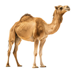A dromedary camel stands isolated on a transparent background