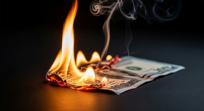 Money burning slowly, flames licking the edge of a hundred dollar bill - Powered by Adobe