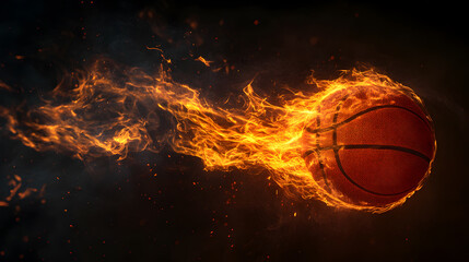 A vibrant basketball, engulfed in a fiery blaze, streaks through a black background, leaving a trail of orange and yellow flames