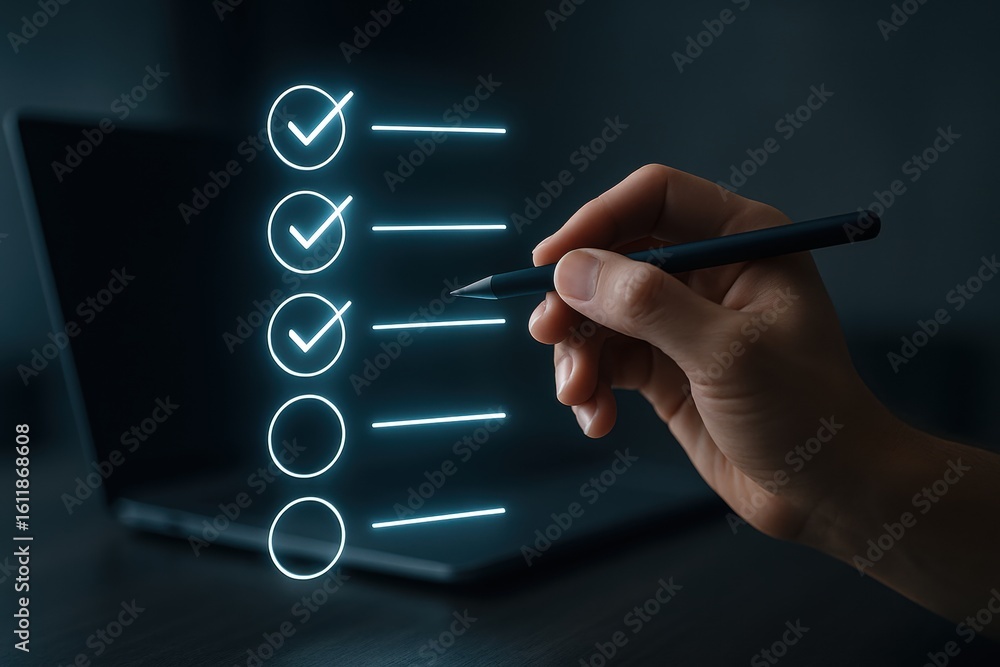 Poster tick marks of precision: a hand meticulously marks a digital checklist on a sleek laptop screen, sym
