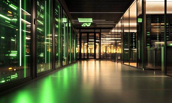 Modern data center hallway with glowing green server racks and warm sunset light reflecting on the polished floor