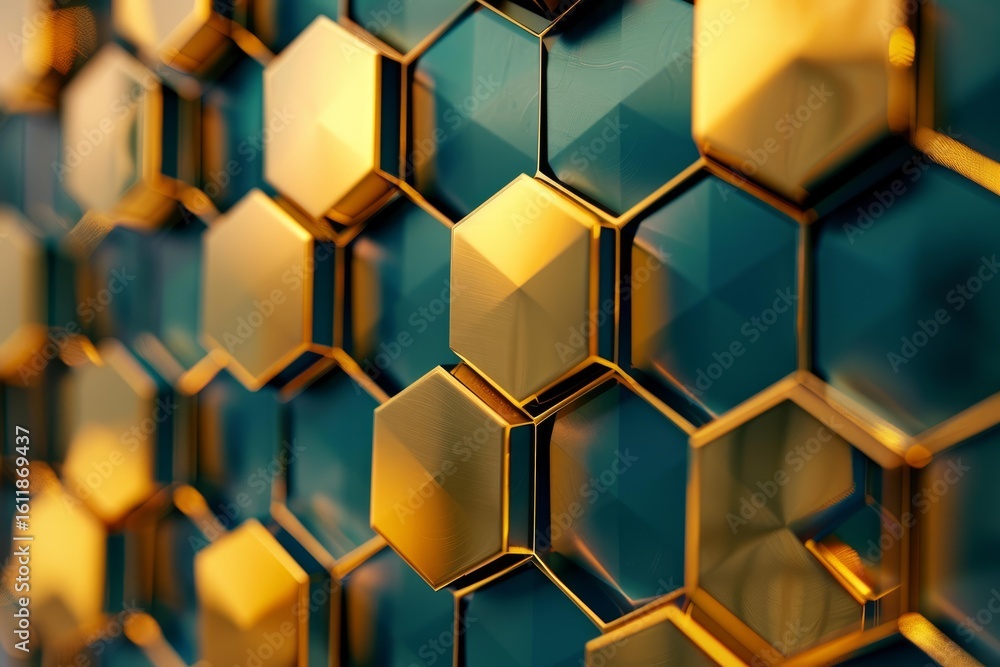 Poster abstract background featuring golden and teal hexagons, creating a futuristic and technological visu