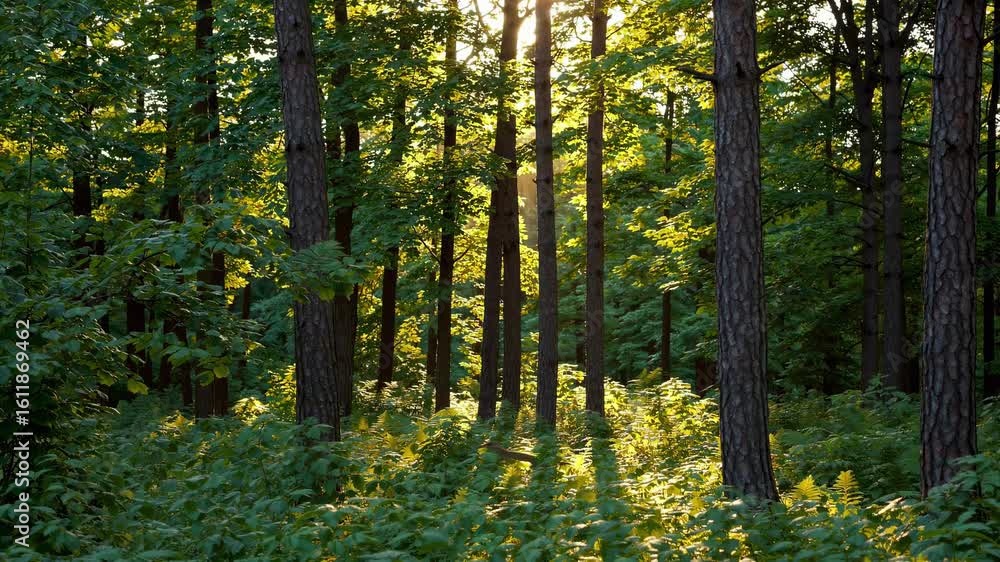 Poster sunlight filters through tall trees in a lush forest, captured at eye level. the serene setting is p