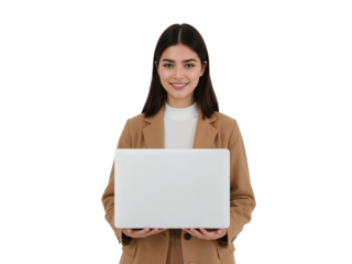 Smiling businesswoman holding a white laptop against a studio isolated transparent backdrop