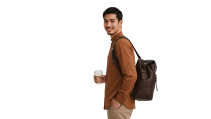 Stylish young man smiles confidently with coffee and a leather backpack on an isolated transparent