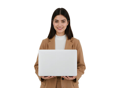 Smiling businesswoman holding a white laptop against a studio isolated transparent backdrop
