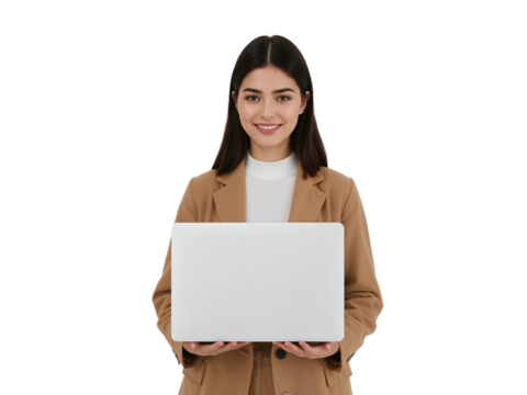 Smiling businesswoman holding a white laptop against a studio isolated transparent backdrop
