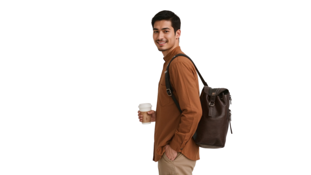 Stylish young man smiles confidently with coffee and a leather backpack on an isolated transparent - Powered by Adobe