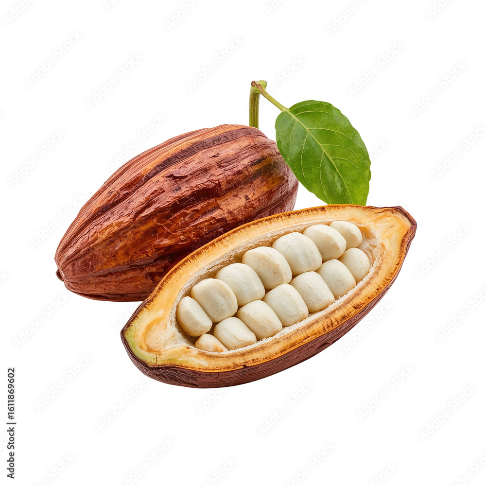 Poster exotic cocoa pods displaying fresh beans isolated over a contrasting plain presentation showing