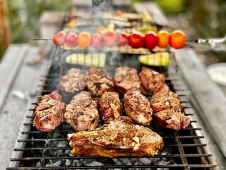 barbecue grilled meat and vegetables