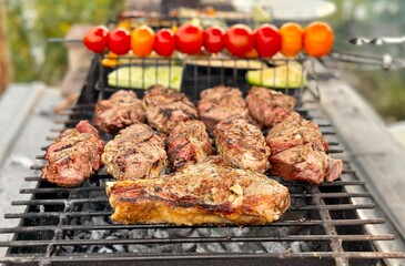 barbecue grilled meat and vegetables