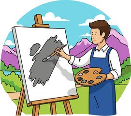 This is a metaphor for the loss of color in the world and emotional burnout. The artist is in front of a vibrant landscape, but he is painting in gray tones, symbolizing the loss of perception of life