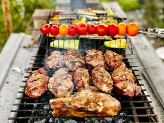 barbecue grilled meat and vegetables