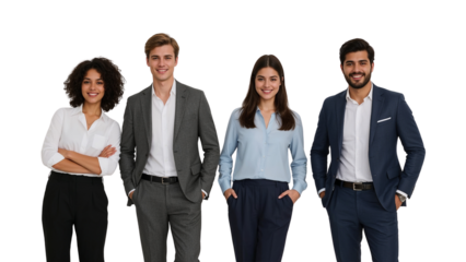 Diverse business team posing confidently for corporate success representation with isolated