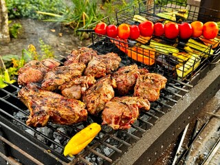 barbecue grilled meat and vegetables